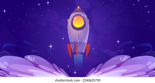 Rocket launch. Futuristic spaceship flying up from planet with smoke clouds on background of night sky with stars. Fantasy cosmos poster with space ship, vector cartoon illustration