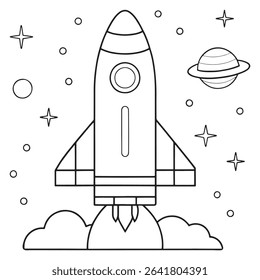 Rocket launch with galaxy background including planets and a glowing starry night in this illustration