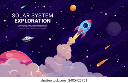 Raketenstart zum Galaxieraum, Schnellstart-Thema mit Raketen- und Chemtrailwolken, Vektorhintergrund. Cartoon-Plakat für Sonnensysteme mit Raumschiff-Shuttle-Start zu Weltraumplaneten