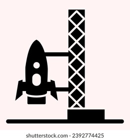 Rocket launch glyph icon. Spaceship with ladder stand platform. Astronomy vector design concept, solid style pictogram on white background, use for web and app. Eps 10