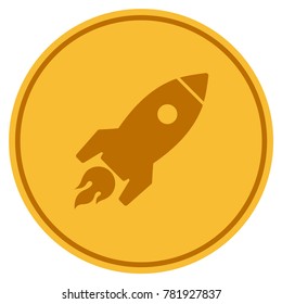 Rocket Launch golden coin icon. Vector style is a gold yellow flat coin symbol.