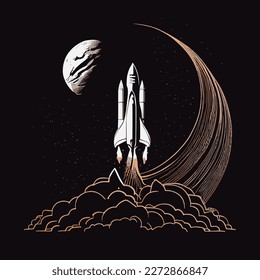 Rocket Launch, Graphic Contour Line Drawing Of Rocket Taking Off Into Space Against Background Of Black Sky With Stars And Moon. Space Travel, Interplanetary Flights, New Discoveries Mission Flight