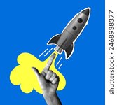 Rocket launch. Halftone hand pushes the rocket. Success concept. Modern collage. Starting a business. Startup idea. Creating new ideas. Creative illustration with cut out newspaper elements