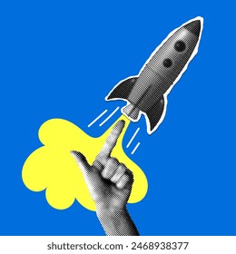 Rocket launch. Halftone hand pushes the rocket. Success concept. Modern collage. Starting a business. Startup idea. Creating new ideas. Creative illustration with cut out newspaper elements