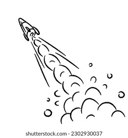 Rocket launch. Hand drawn doodle vector illustration. isolated on white.