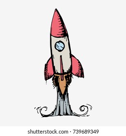 Rocket launch. Hand drawn rocket, sketch, cartoon vector illustration.