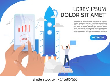 Rocket launch, hands holding smartphone with bar chart on screen. Start, financial growth concept. Presentation slide template. Vector illustration for topics like business, technology, startup