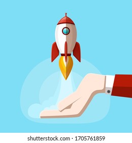 Rocket Launch with Human Hand Vector Flat Design Illustration on Blue Sky Background