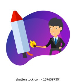 Rocket launch icon. Businessman setting match to fuse isolated sign. Business, startup concept. Vector illustration symbol element for web design