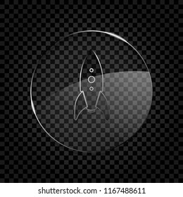 rocket launch icon. Icon in circle glass bubble on dark transparent grid. Glass style