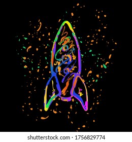 rocket launch icon. Colored ink with splashes on black background