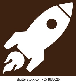 Rocket Launch icon from Commerce Set. Vector style: flat symbol, white color, rounded angles, brown background.