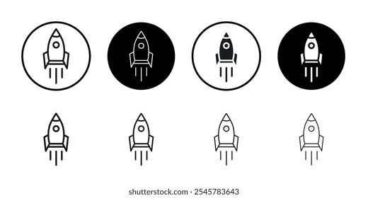 Conjunto de símbolos de línea plana de icono de lanzamiento de cohete.