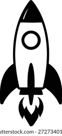Raketenabschusssymbol einzeln auf Weiß. Raumschiff startet. Metapher für Unternehmensgründung, Projektsteigerung, Geschwindigkeit und Innovation. Schwarze, flache Vektorgrafik.