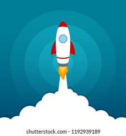 Rocket launch icon on blue sky background