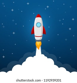 Rocket launch icon on blue sky background
