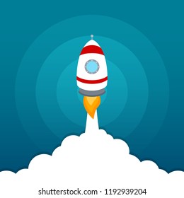 Rocket launch icon on blue sky background