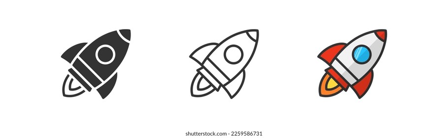 Icono de lanzamiento del cohete en el fondo de la luz. Símbolo de inicio del proyecto. Concepto creativo. Nave espacial con llama, viajes espaciales. Estilo de contorno, plano y coloreado. Diseño plano. 