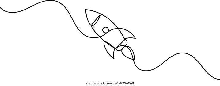 Raketenstart-Symbol in einer durchgehenden Linie, minimalistischer Stil, einzeln auf weißem Hintergrund