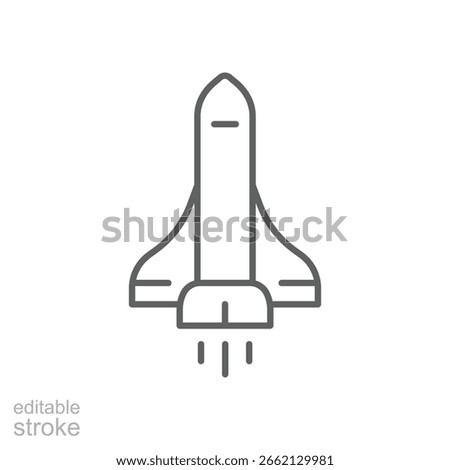 Rocket launch icon. Outline style. Space shuttle, spaceship, fire, start, future travel, speed, astronaut, cosmos, science, sky, business, modern exploration. Thin line symbol. Editable stroke.