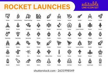 Rocket Launch Icon Pack – Clean Outline, Line Art, and Vector Illustrations for Space Missions, Satellite Launches, and Aerospace Projects