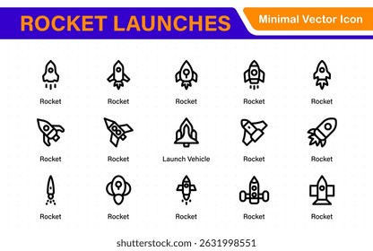 Rocket Launch Icon Pack – Clean Outline, Line Art, and Vector Illustrations for Space Missions, Satellite Launches, and Aerospace Projects