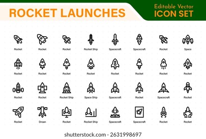 Rocket Launch Icon Pack – Clean Outline, Line Art, and Vector Illustrations for Space Missions, Satellite Launches, and Aerospace Projects