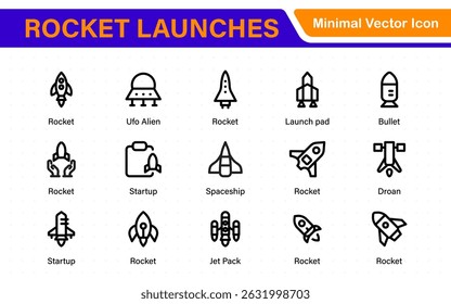 Rocket Launch Icon Pack – Clean Outline, Line Art, and Vector Illustrations for Space Missions, Satellite Launches, and Aerospace Projects