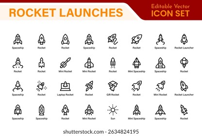 Rocket Launch Icon Pack – Clean Outline, Line Art, and Vector Illustrations for Space Missions, Satellite Launches, and Aerospace Projects