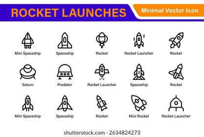 Rocket Launch Icon Pack - Ilustrações de contorno limpo, arte linear e vetor para missões espaciais, lançamentos de satélites e projetos aeroespaciais
