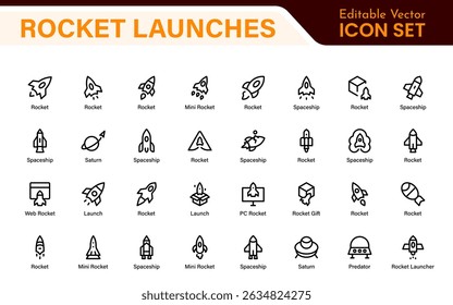Rocket Launch Icon Pack – Clean Outline, Line Art, and Vector Illustrations for Space Missions, Satellite Launches, and Aerospace Projects