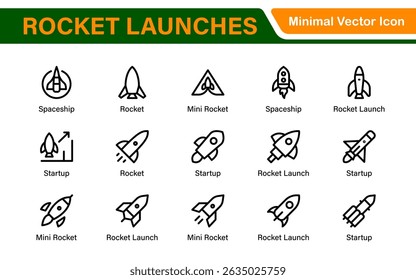 Rocket Launch Icon Pack – Clean Outline, Line Art, and Vector Illustrations for Space Missions, Satellite Launches, and Aerospace Projects