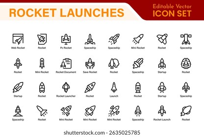 Rocket Launch Icon Pack – Clean Outline, Line Art, and Vector Illustrations for Space Missions, Satellite Launches, and Aerospace Projects