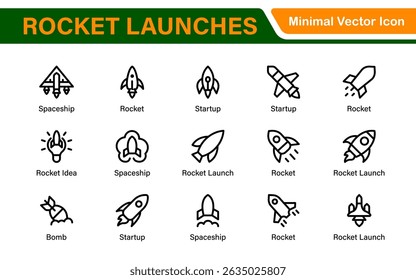Rocket Launch Icon Pack – Clean Outline, Line Art, and Vector Illustrations for Space Missions, Satellite Launches, and Aerospace Projects