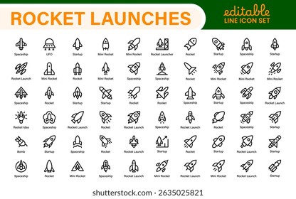Rocket Launch Icon Pack – Esquema limpio, arte lineal y Ilustraciones vectoriales para misiones espaciales, lanzamientos de satélites y proyectos aeroespaciales