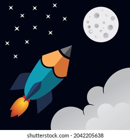 Rocket launch icon- pencil rocket - can be used to illustrate cosmic topics or a business startup, launching of a new company and education. vector illustration editable eps 10