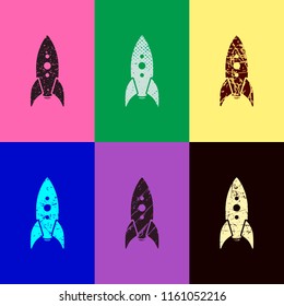 rocket launch icon. Pop art style. Scratched icons on 6 colour backgrounds. Seamless pattern