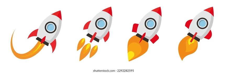 Rocket launch icon set in flat style design. Flying space ship with fire flame. Business or startup idea concept. Vector illustration.