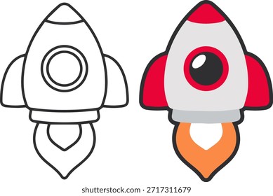 rocket launch icon set, spaceship start up symbols with fire flame, flat vector illustration