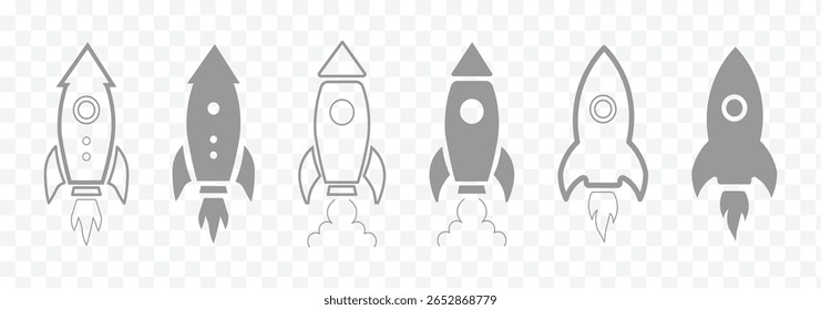 Ilustración vectorial de la silueta del icono del lanzamiento del cohete. arte de la línea, blanco y negro, minimalista, simple, cohete. Icono de inicio estilo de línea negra simple. eps 10