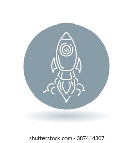 Rocket launch icon. Spaceship launch sign. Space craft flying symbol. White flying spacecraft icon on cool grey circle background. Vector illustration.