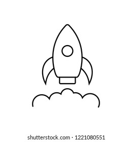 Rocket launch icon. Spaceship startup sign. Spacecraft flight symbol. Thin line icon on white background. Vector illustration.