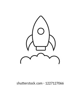 Rocket launch icon. Spaceship startup sign. Spacecraft flight symbol. Thin line icon on white background. Vector illustration.