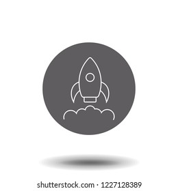 Rocket launch icon. Spaceship startup sign. Spacecraft flight symbol. Thin line icon on white background. Vector illustration.