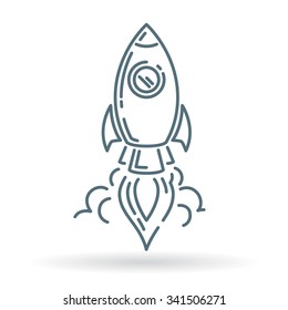 Rocket launch icon. Spaceship startup sign. Spacecraft flight symbol. Thin line icon on white background. Vector illustration.