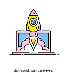 Rocket launch icon. Start up business symbol. Online project concept sign. Spaceship and laptop line graphic. Vector illustration.