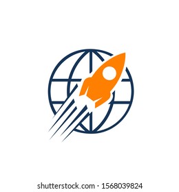 rocket launch icon vector logo. Simple sign rocket symbol with globe illustration design.