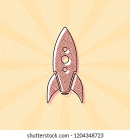 rocket launch icon. Vintage retro typography with offset printing effect. Dots poster with comics pop art background
