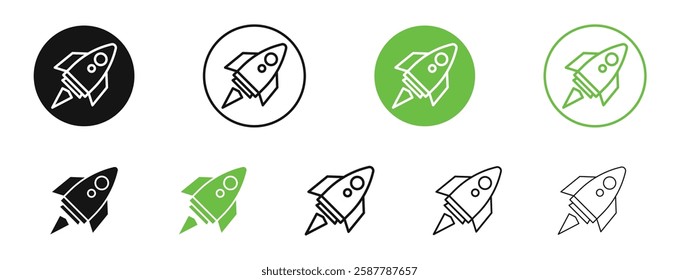 Rocket launch icons in black and green colors collection