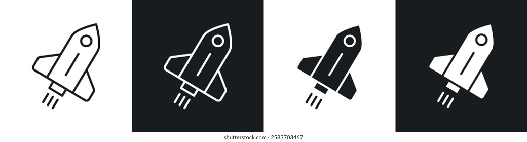 Rocket launch icons collection in black and white filled and line versions